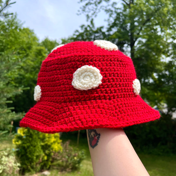 red mushroom bucket hat